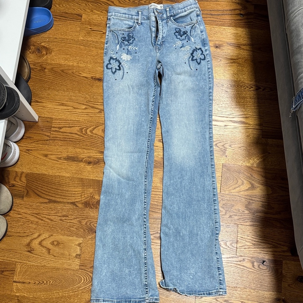 Abercrombie Kids Blue Floral Embroidered Flare Jeans